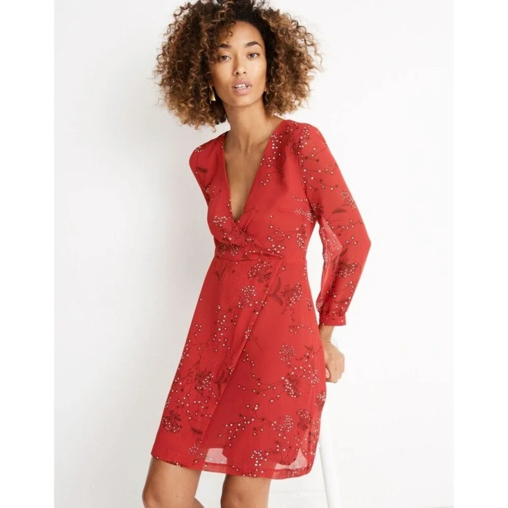 Madewell Hazelwood Wrap Front Dress Red Floral Long Sleeve V-Neck Romantic 16
